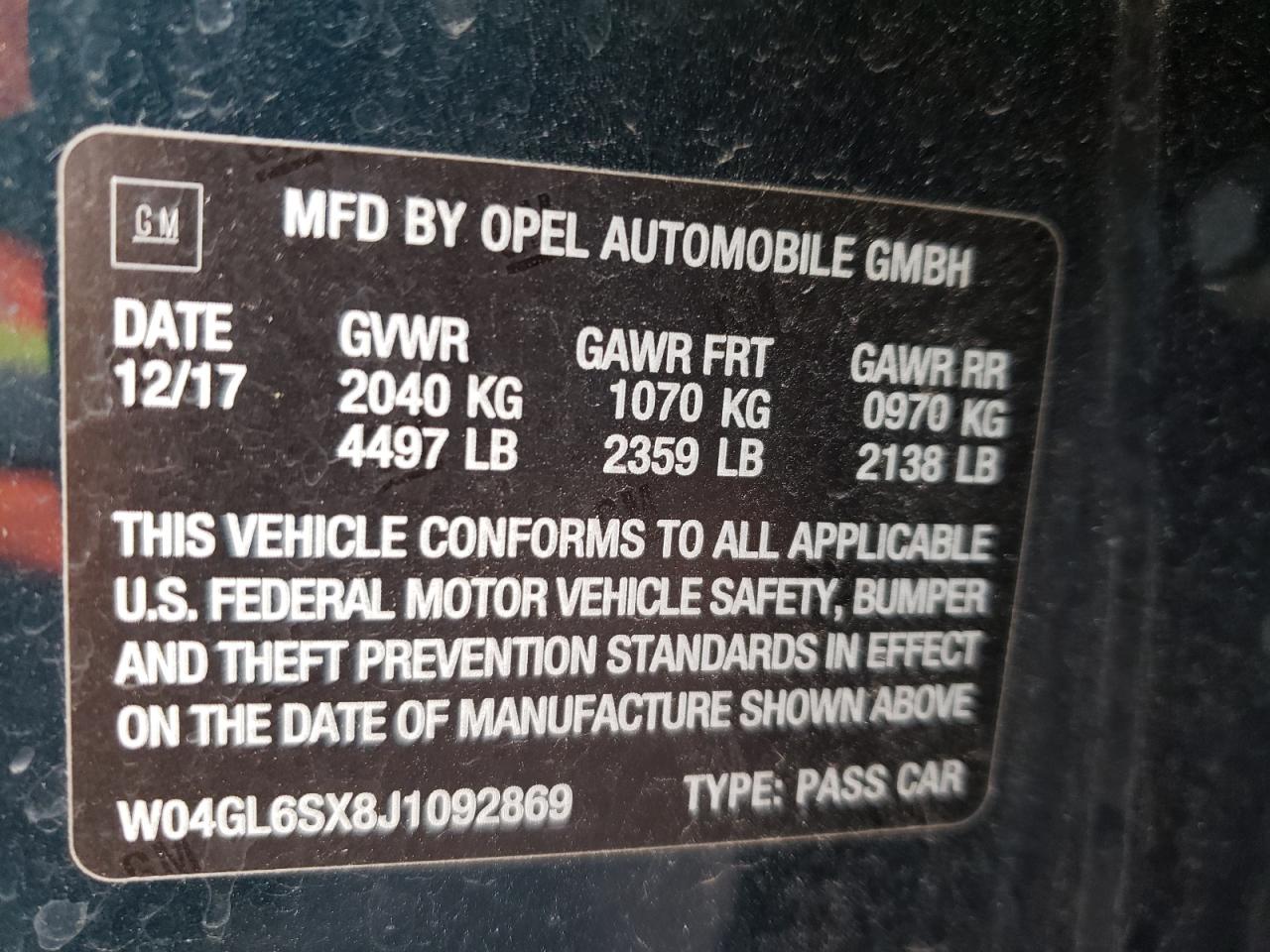 Photo 10 from auction – 2018 BUICK REGAL PREF with VIN W04GL6SX8J1092869