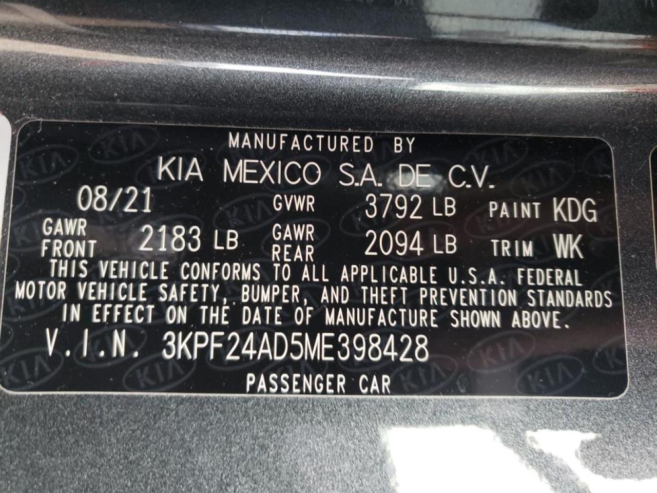 Photo 10 from auction – 2021 KIA FORTE FE with VIN 3KPF24AD5ME398428