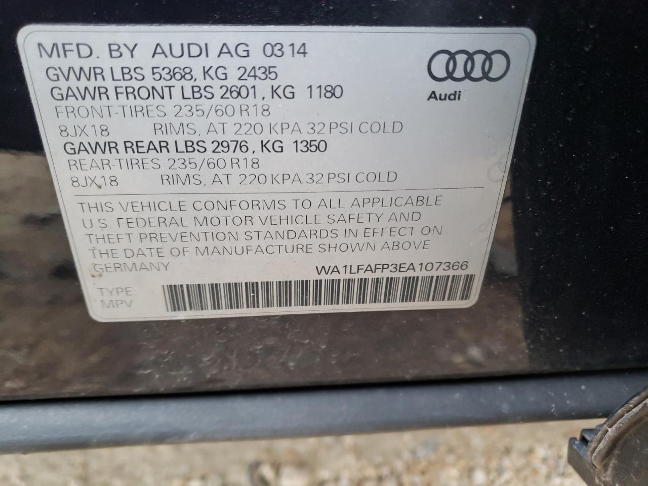 Photo 10 from auction – 2014 AUDI Q5 PREMIUM with VIN WA1LFAFP3EA107366