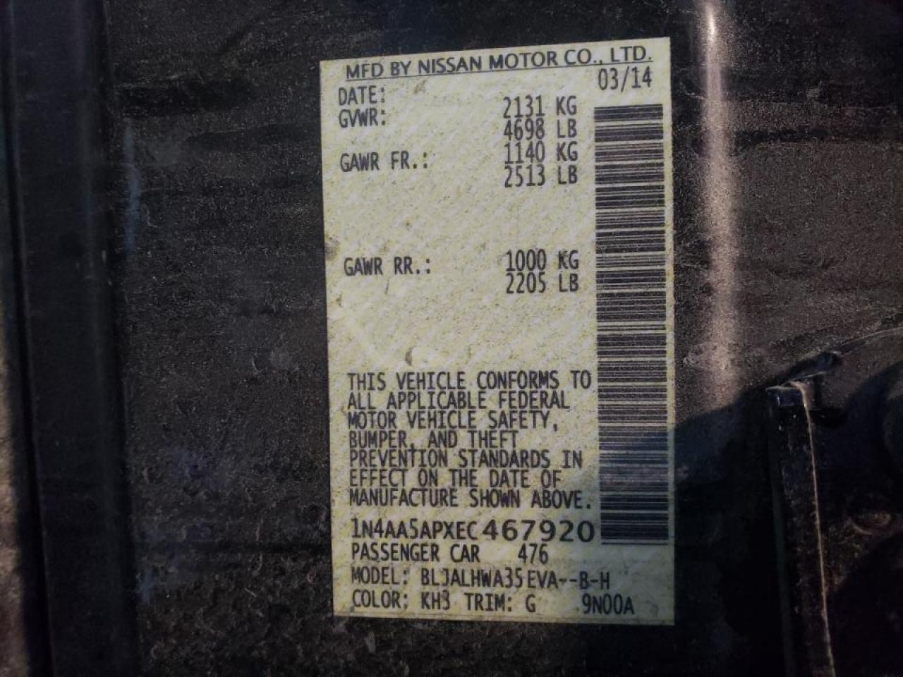صورة رقم 10 من المزاد - 2014 NISSAN MAXIMA S مع VIN 1N4AA5APXEC467920