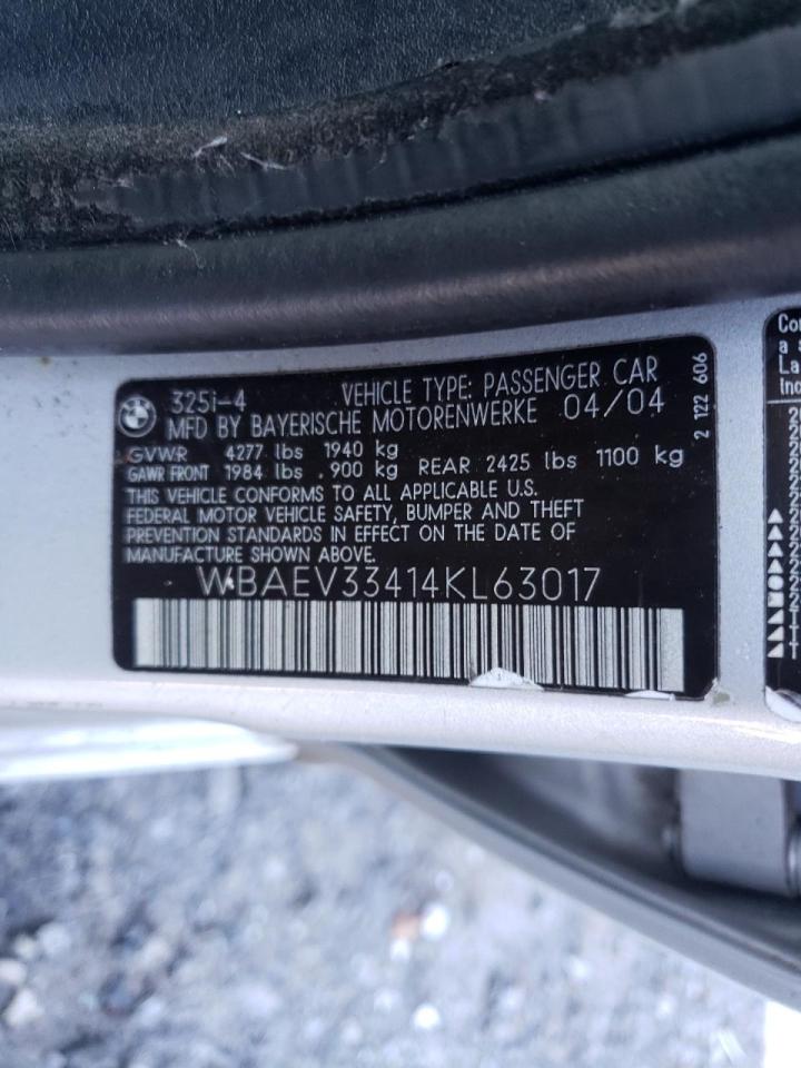 Photo 10 from auction – 2004 BMW 325 I with VIN WBAEV33414KL63017