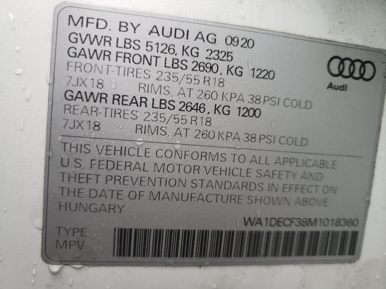 Photo 10 from auction – 2021 AUDI Q3 PREMIUM with VIN WA1DECF38M1018360