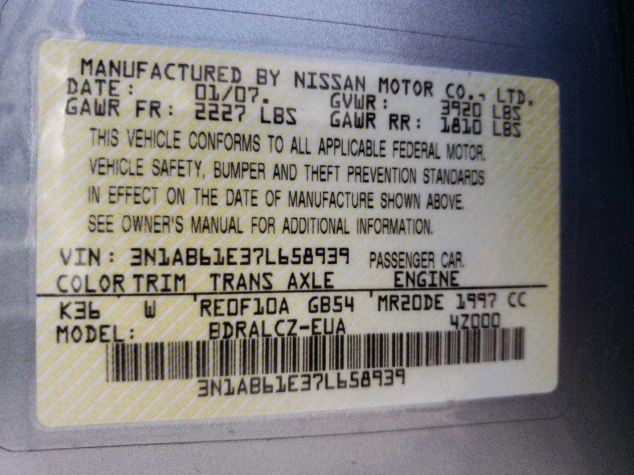 Photo 10 from auction – 2007 NISSAN SENTRA 2.0 with VIN 3N1AB61E37L658939
