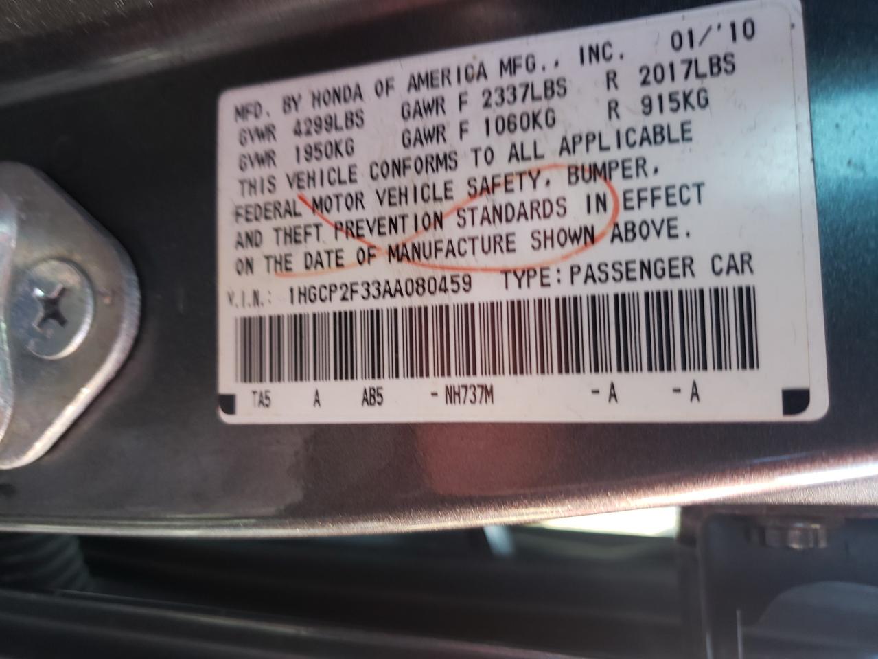 Photo 10 from auction – 2010 HONDA ACCORD LX with VIN 1HGCP2F33AA080459