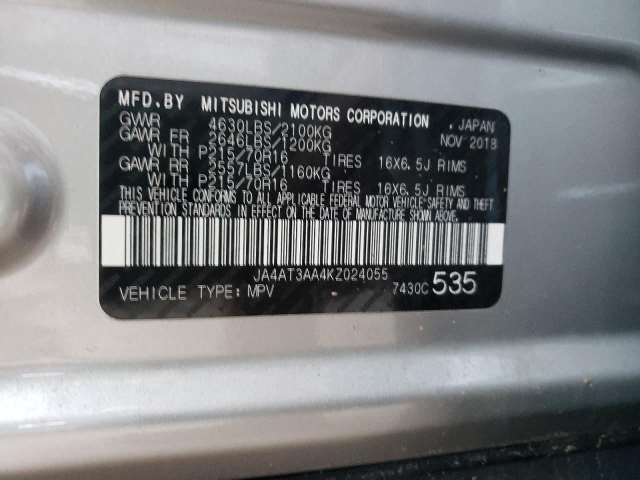 Photo 10 from auction – 2019 MITSUBISHI ECLIPSE CR with VIN JA4AT3AA4KZ024055