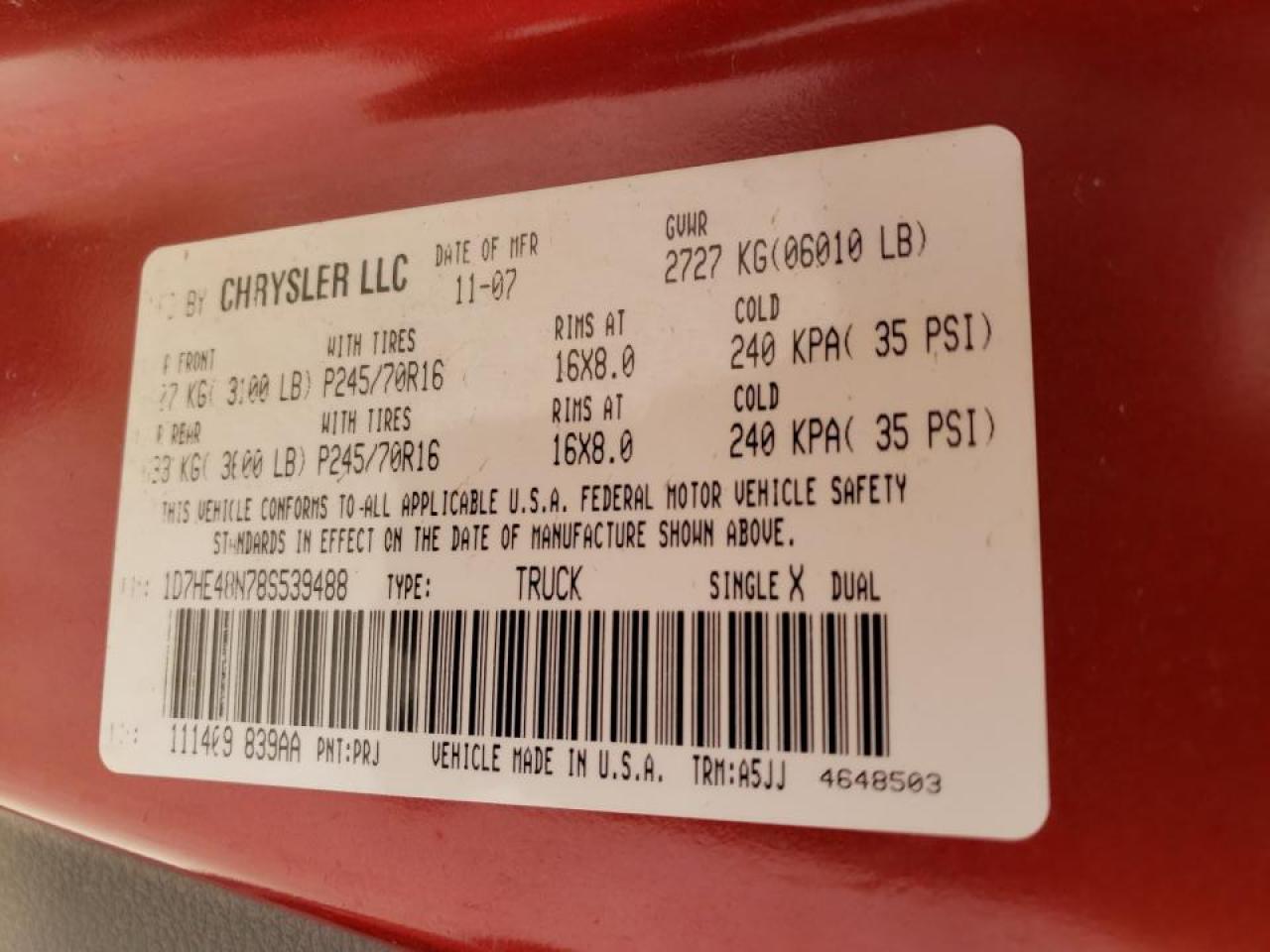 Photo 10 from auction – 2008 DODGE DAKOTA QUA with VIN 1D7HE48N78S539488