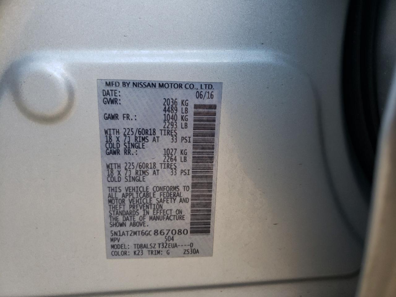 Photo 10 from auction – 2016 NISSAN ROGUE S with VIN 5N1AT2MT6GC867080