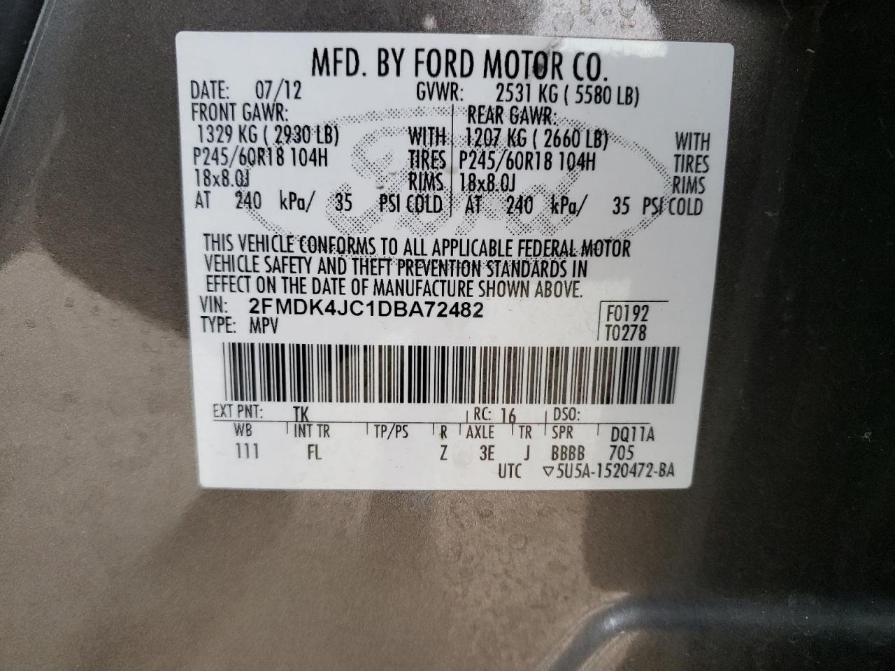 Photo 10 from auction – 2013 FORD EDGE SEL with VIN 2FMDK4JC1DBA72482
