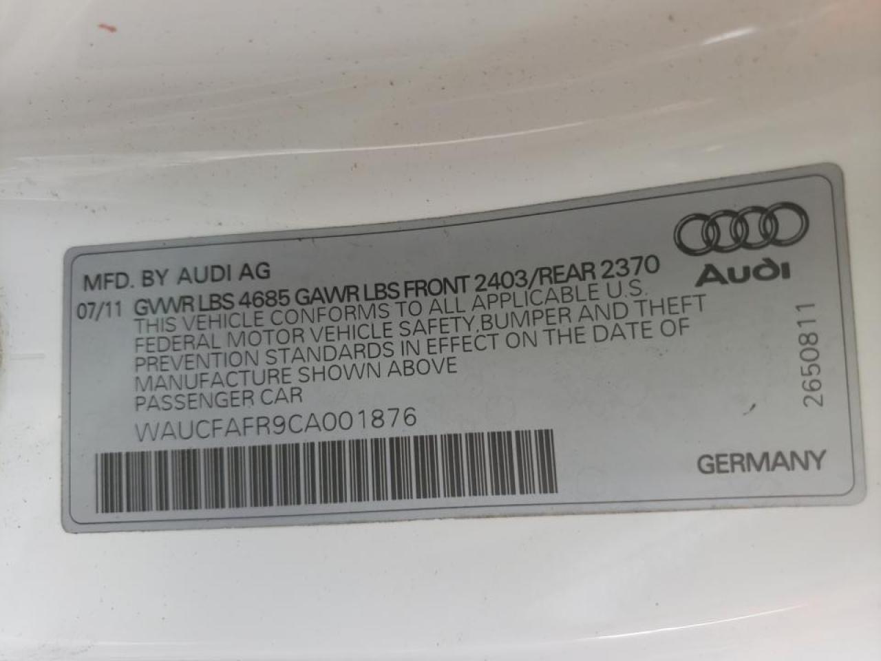 Photo 10 from auction – 2012 AUDI A5 PREMIUM with VIN WAUCFAFR9CA001876