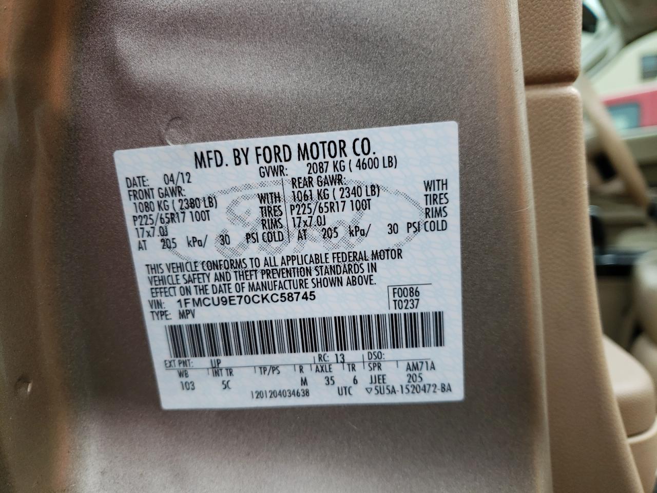 Photo 10 from auction – 2012 FORD ESCAPE LIM with VIN 1FMCU9E70CKC58745