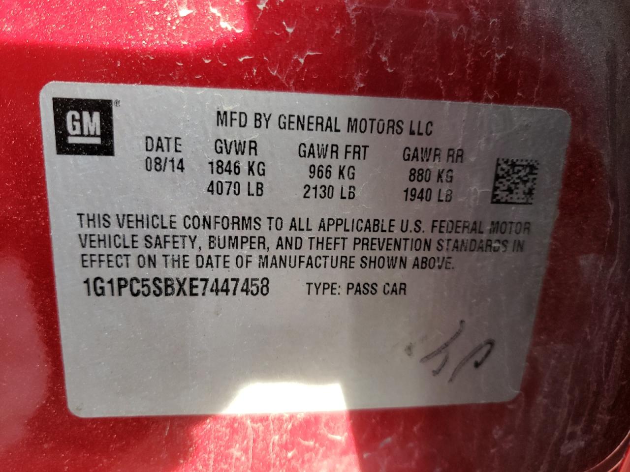 Photo 10 from auction – 2014 CHEVROLET CRUZE LT with VIN 1G1PC5SBXE7447458