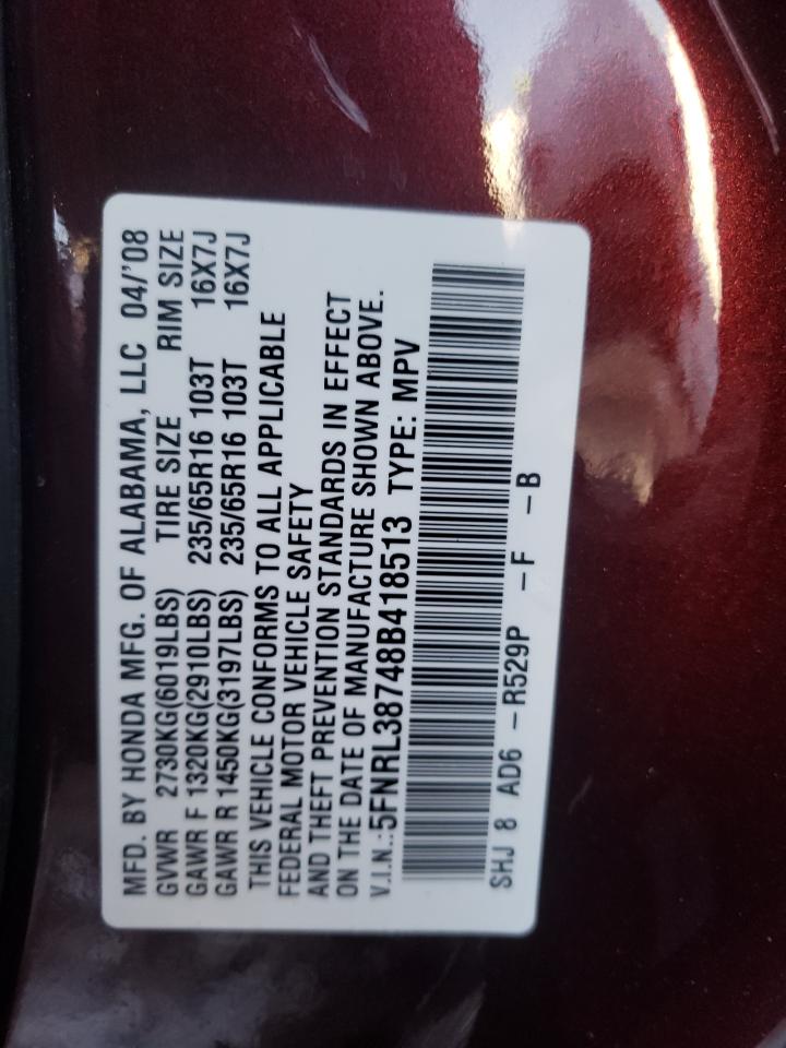 Photo 10 from auction – 2008 HONDA ODYSSEY EX with VIN 5FNRL38748B418513