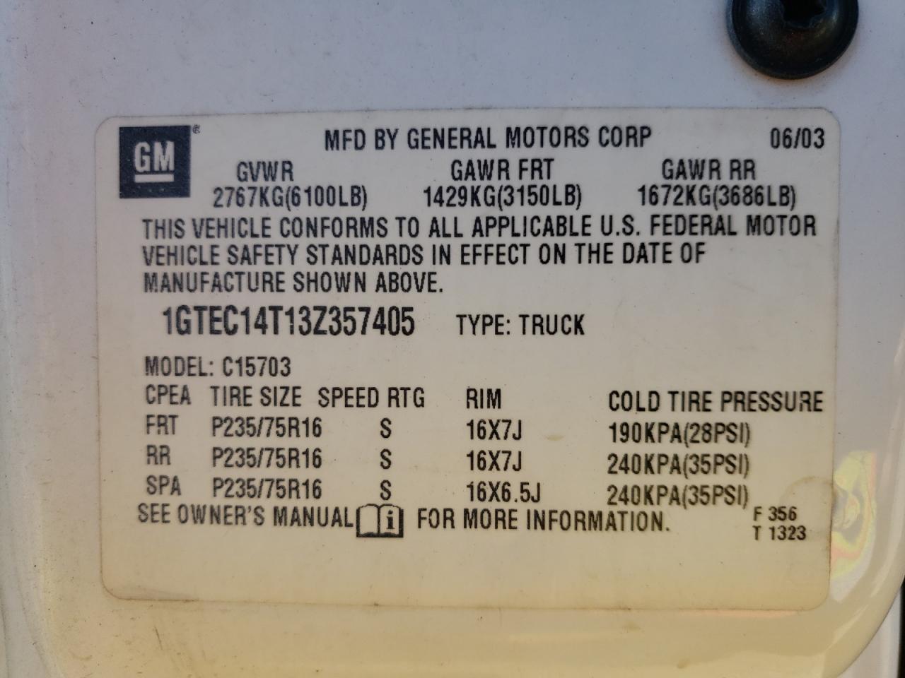 Photo 10 from auction – 2003 GMC NEW SIERRA with VIN 1GTEC14T13Z357405