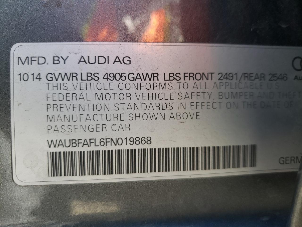 Photo 10 from auction – 2015 AUDI A4 PREMIUM with VIN WAUBFAFL6FN019868