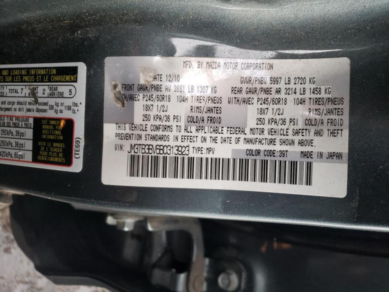 Photo 10 from auction – 2011 MAZDA CX-9 with VIN JM3TB3BV6B0313923