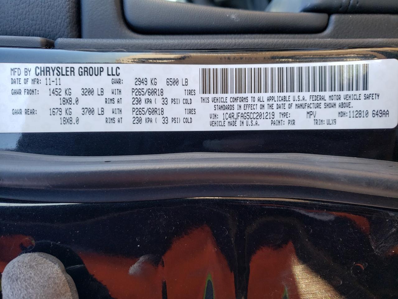 Photo 10 from auction – 2012 JEEP GRAND CHER with VIN 1C4RJFAG5CC201219