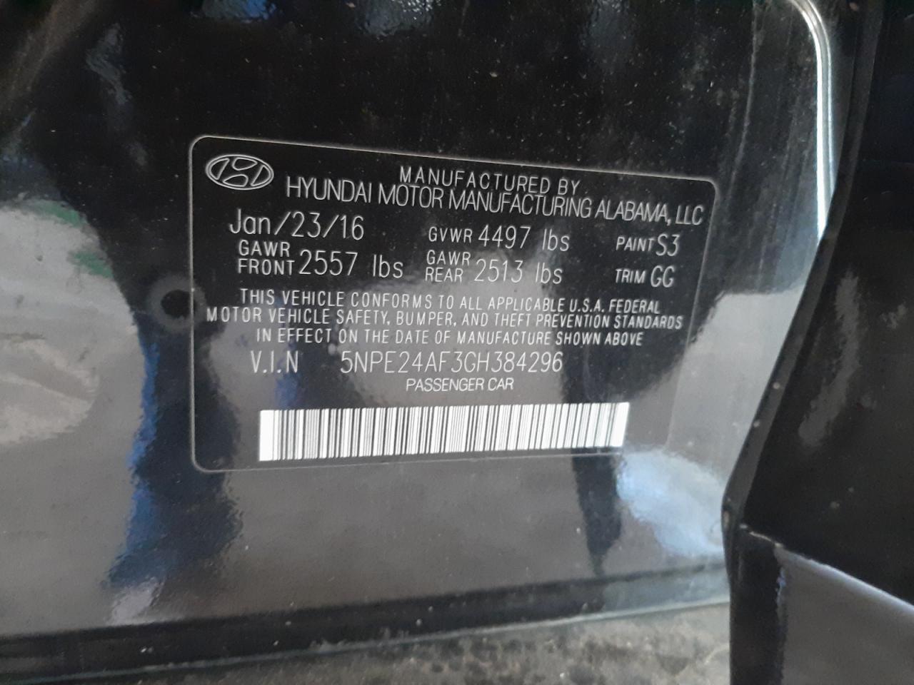Photo 10 from auction – 2016 HYUNDAI SONATA SE with VIN 5NPE24AF3GH384296
