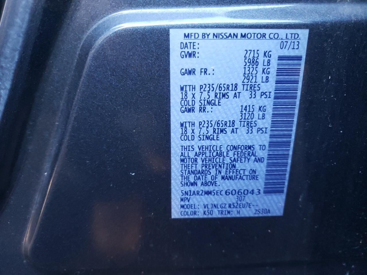 Photo 10 from auction – 2014 NISSAN PATHFINDER with VIN 5N1AR2MM5EC606043