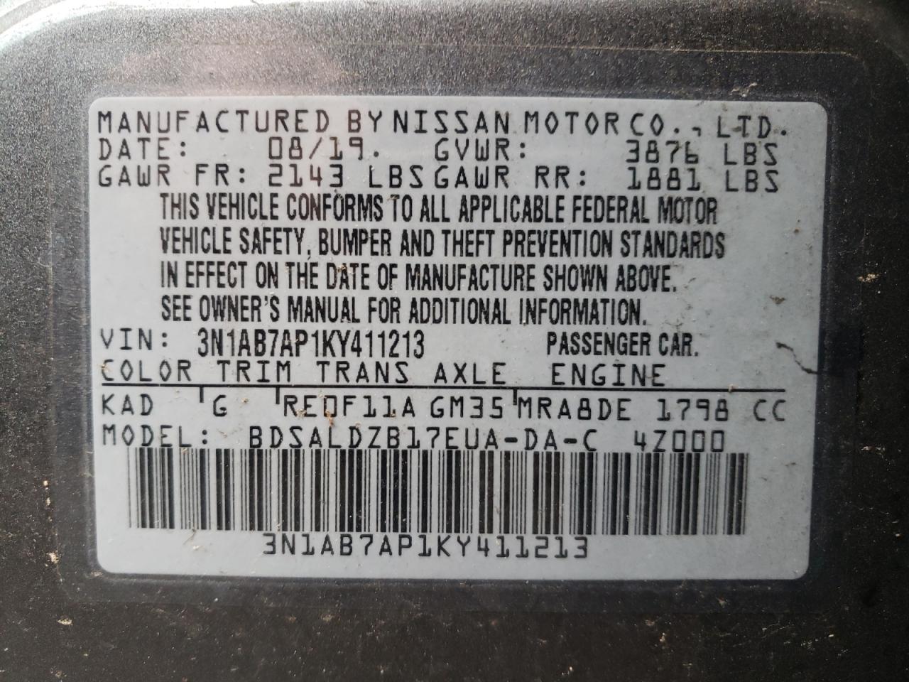 Photo 10 from auction – 2019 NISSAN SENTRA S with VIN 3N1AB7AP1KY411213