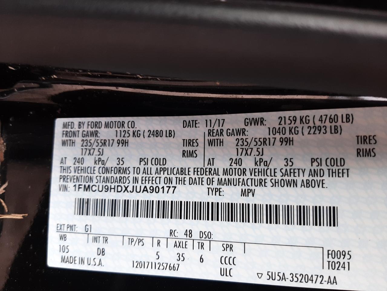 Photo 10 from auction – 2018 FORD ESCAPE SEL with VIN 1FMCU9HDXJUA90177