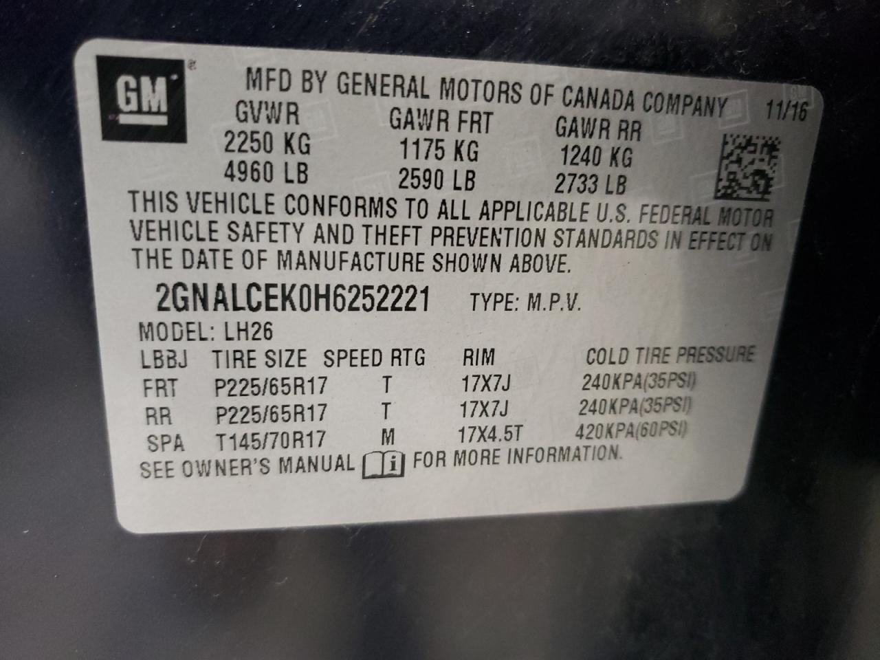 Photo 10 from auction – 2017 CHEVROLET EQUINOX LT with VIN 2GNALCEK0H6252221