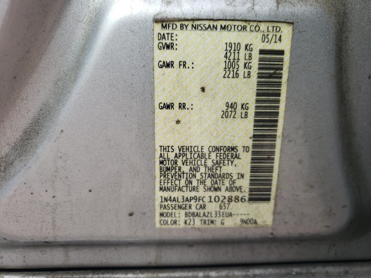Photo 10 from auction – 2015 NISSAN ALTIMA 2.5 with VIN 1N4AL3AP9FC102886