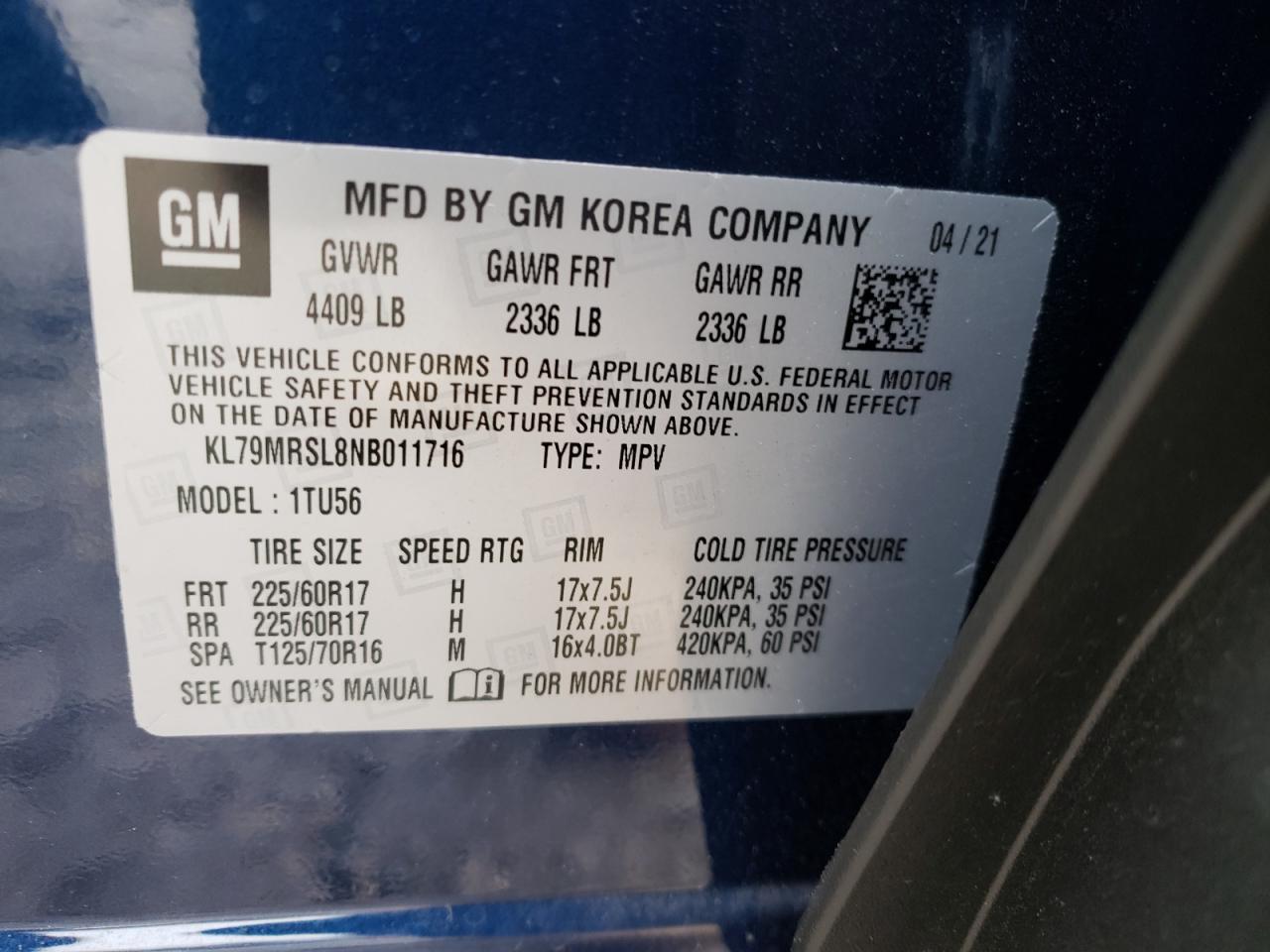 Photo 10 from auction – 2022 CHEVROLET TRAILBLAZE with VIN KL79MRSL8NB011716