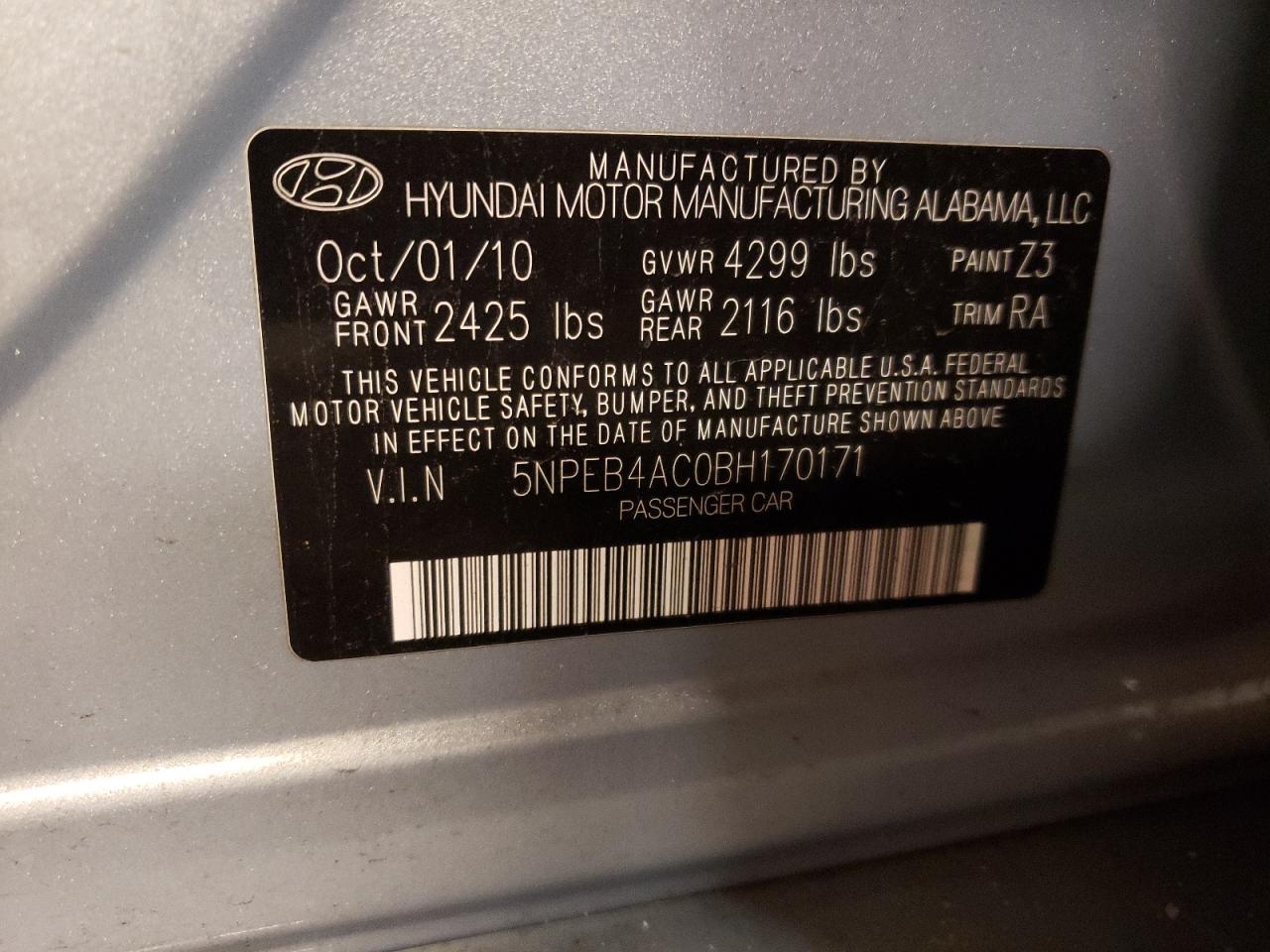 Photo 10 from auction – 2011 HYUNDAI SONATA GLS with VIN 5NPEB4AC0BH170171