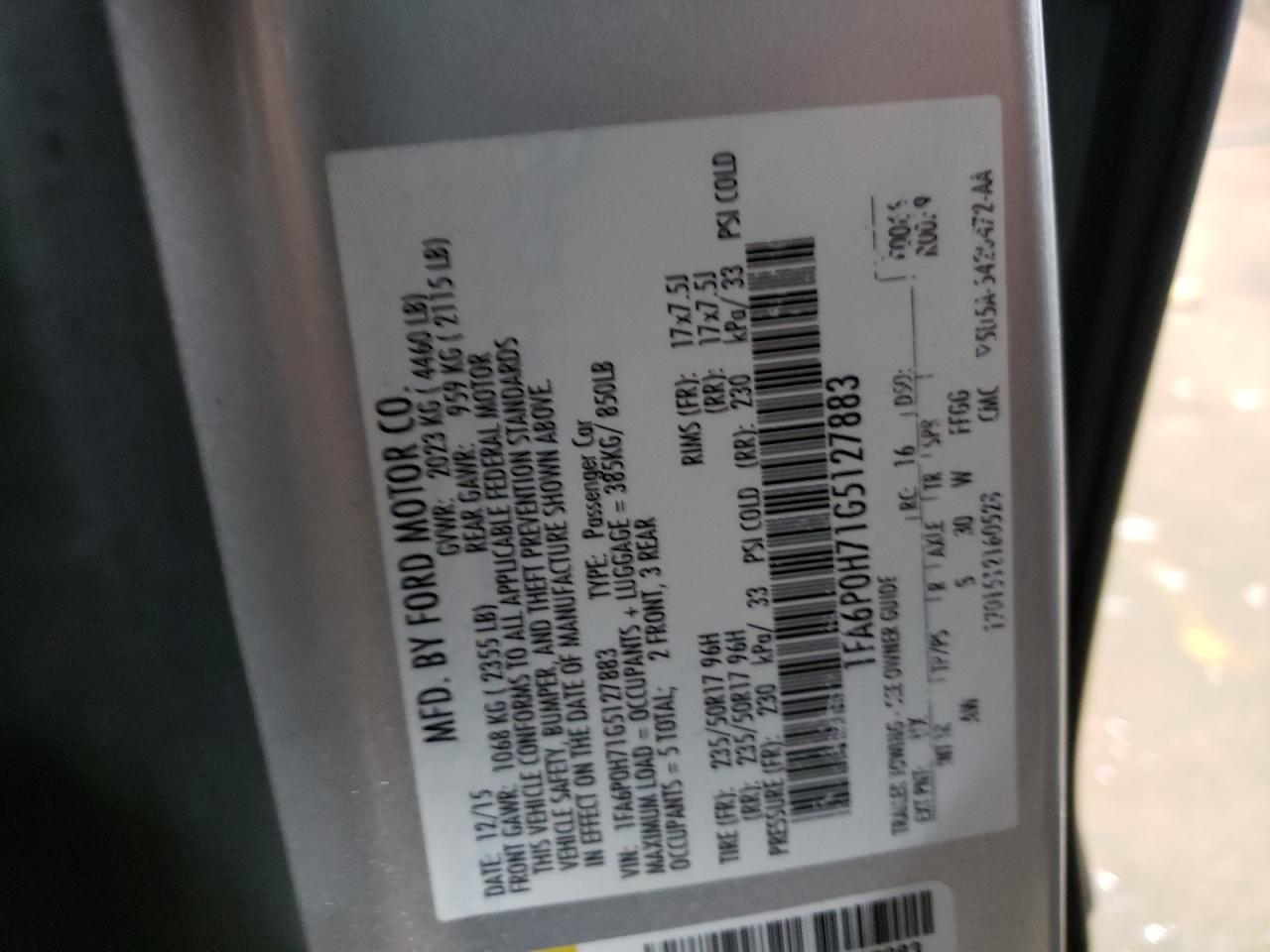 Photo 10 from auction – 2016 FORD FUSION SE with VIN 1FA6P0H71G5127883