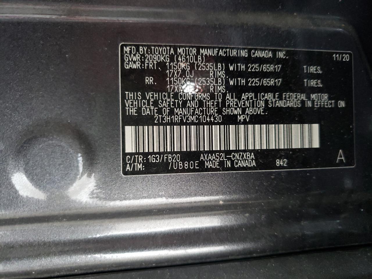 Photo 10 from auction – 2021 TOYOTA RAV4 LE with VIN 2T3H1RFV3MC104430