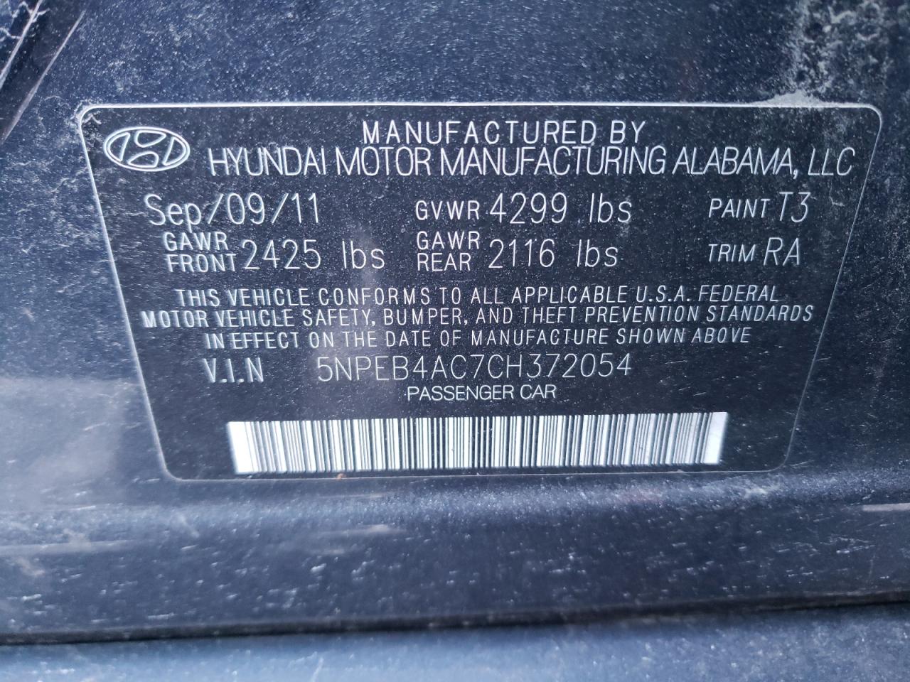 Photo 10 from auction – 2012 HYUNDAI SONATA GLS with VIN 5NPEB4AC7CH372054