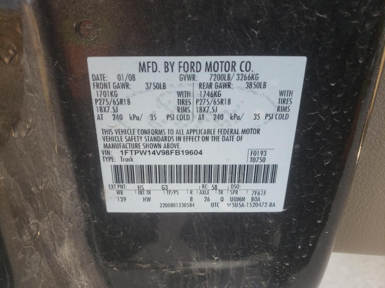 Photo 10 from auction – 2008 FORD F150 SUPER with VIN 1FTPW14V98FB19604