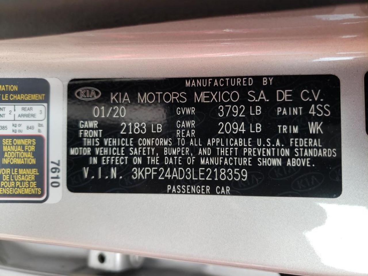 Photo 10 from auction – 2020 KIA FORTE FE with VIN 3KPF24AD3LE218359
