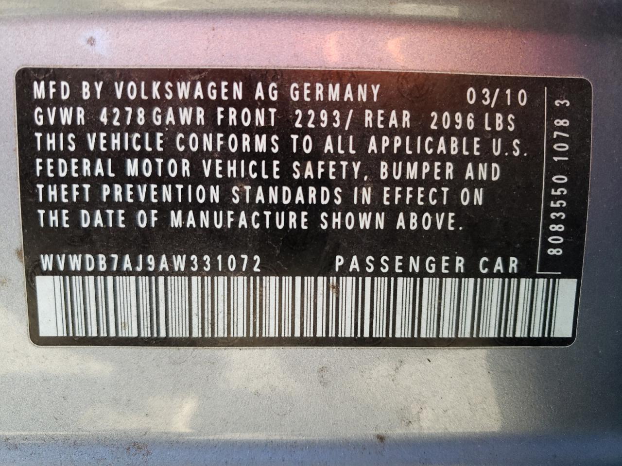 Photo 10 from auction – 2010 VOLKSWAGEN GOLF with VIN WVWDB7AJ9AW331072