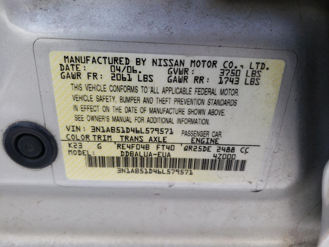 Photo 10 from auction – 2006 NISSAN SENTRA with VIN 3N1AB51D46L579571
