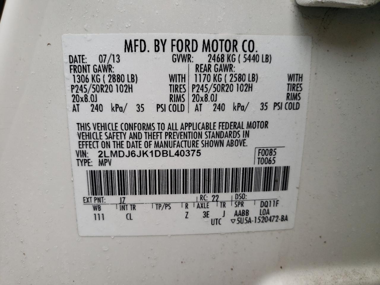 Foto 10 de la subasta – 2013 LINCOLN MKX con VIN 2LMDJ6JK1DBL40375
