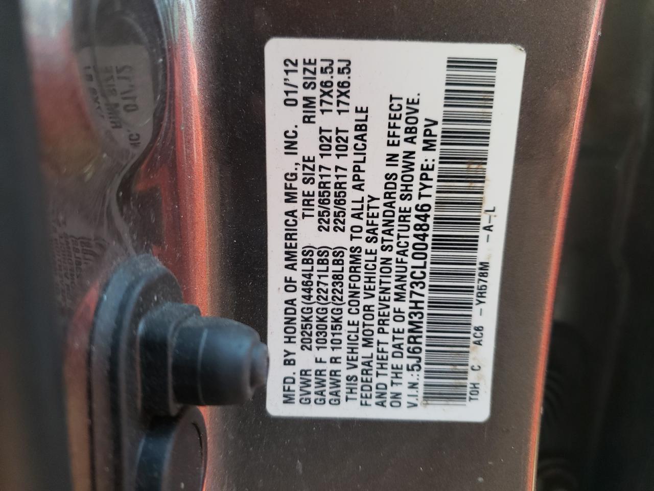 Photo 10 from auction – 2012 HONDA CR-V EXL with VIN 5J6RM3H73CL004846