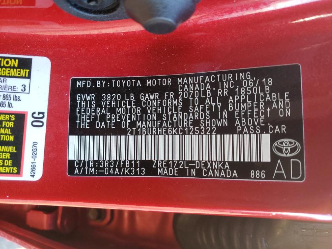 Photo 10 from auction – 2019 TOYOTA COROLLA L with VIN 2T1BURHE6KC125322
