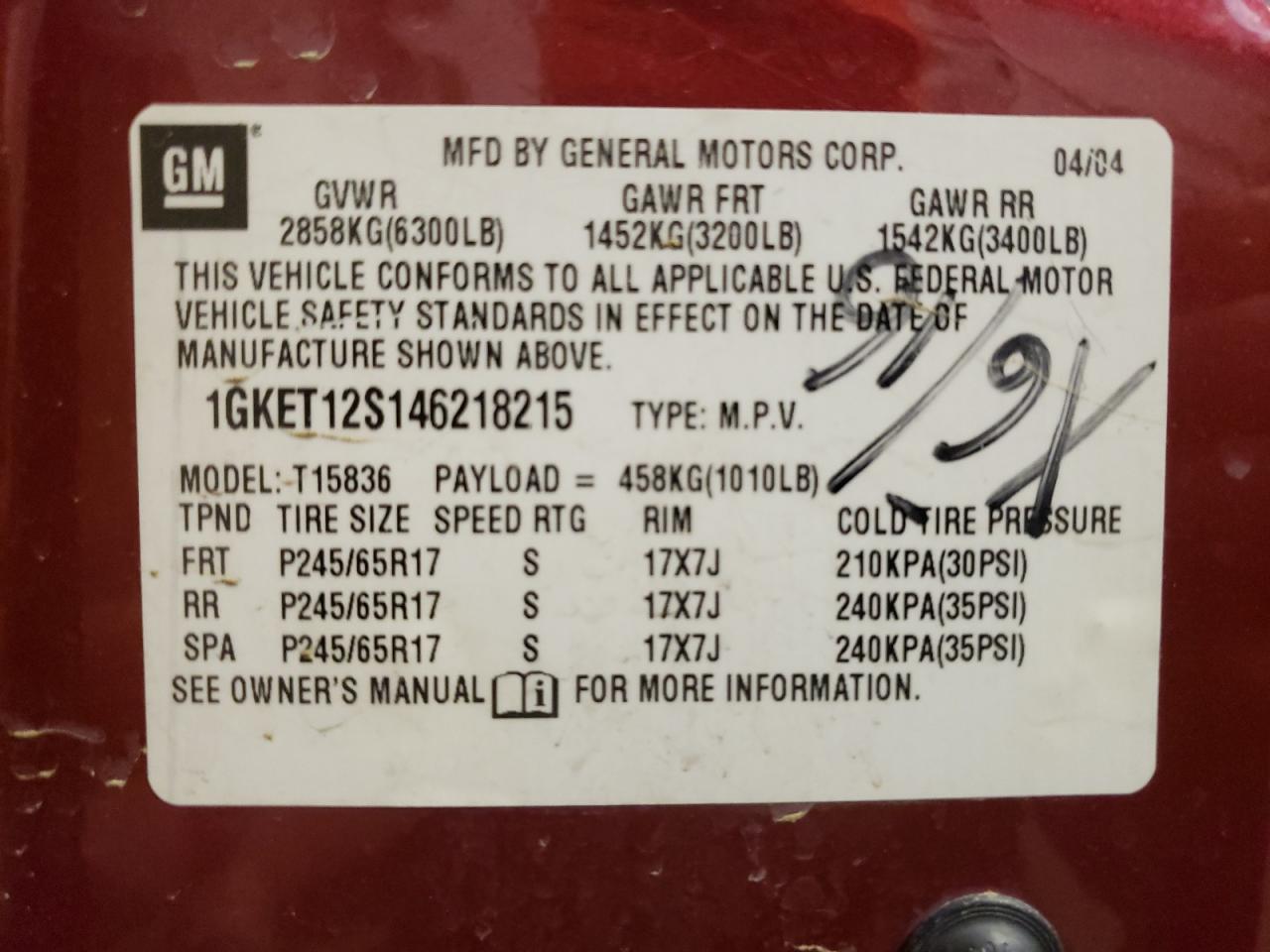 Photo 10 from auction – 2004 GMC ENVOY XUV with VIN 1GKET12S146218215
