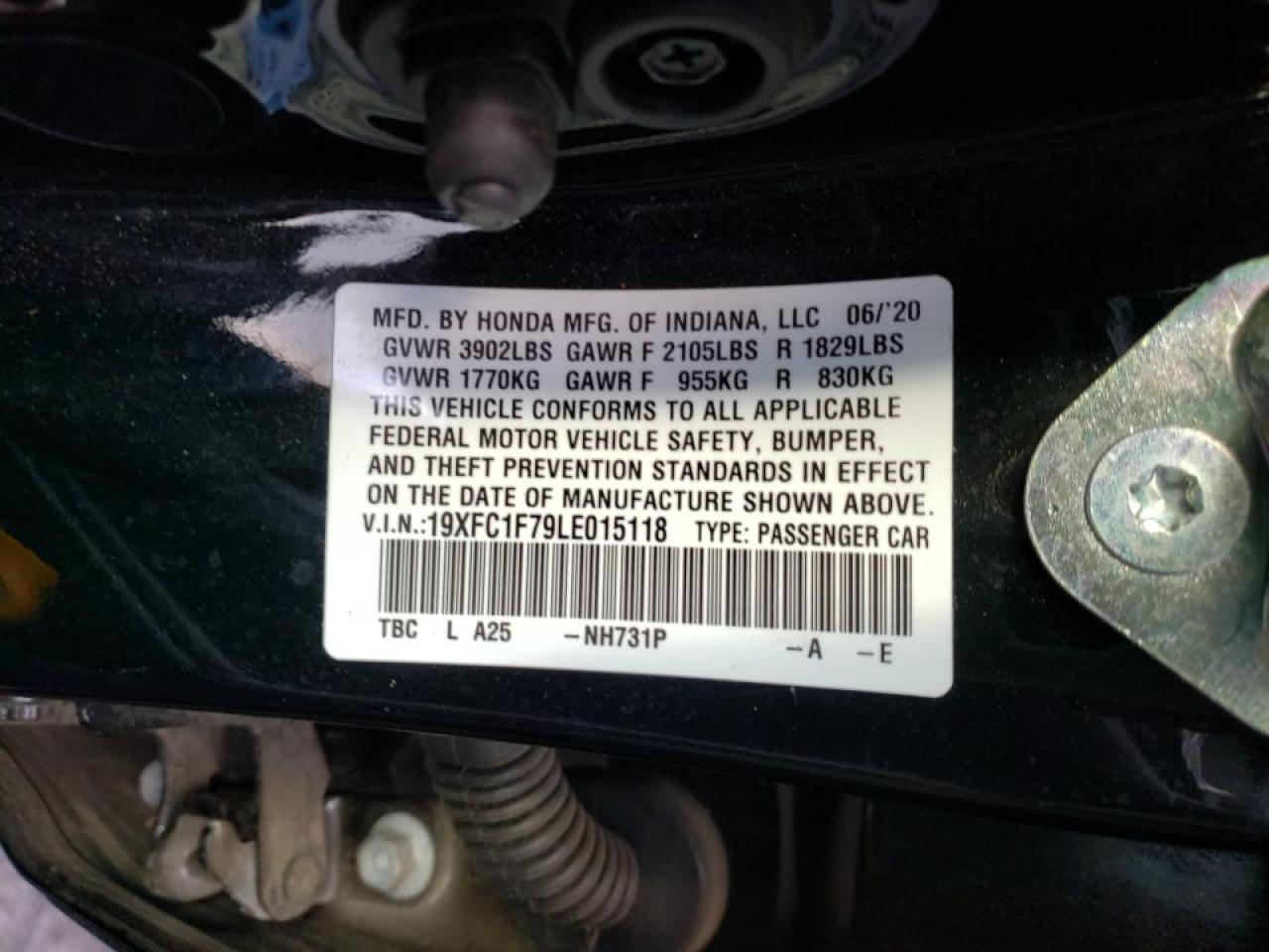 Photo 10 from auction – 2020 HONDA CIVIC with VIN 19XFC1F79LE015118