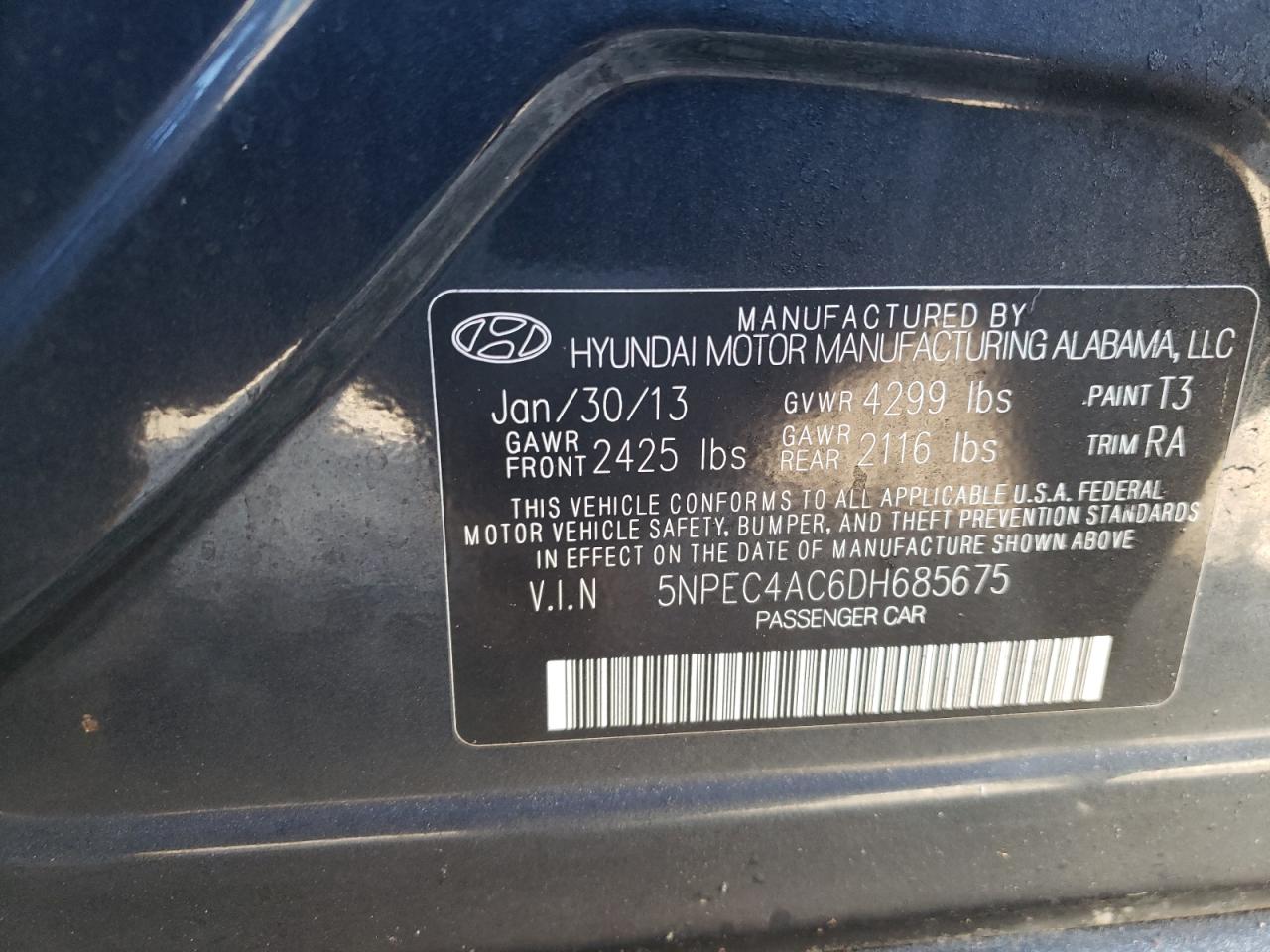 Photo 10 from auction – 2013 HYUNDAI SONATA SE with VIN 5NPEC4AC6DH685675