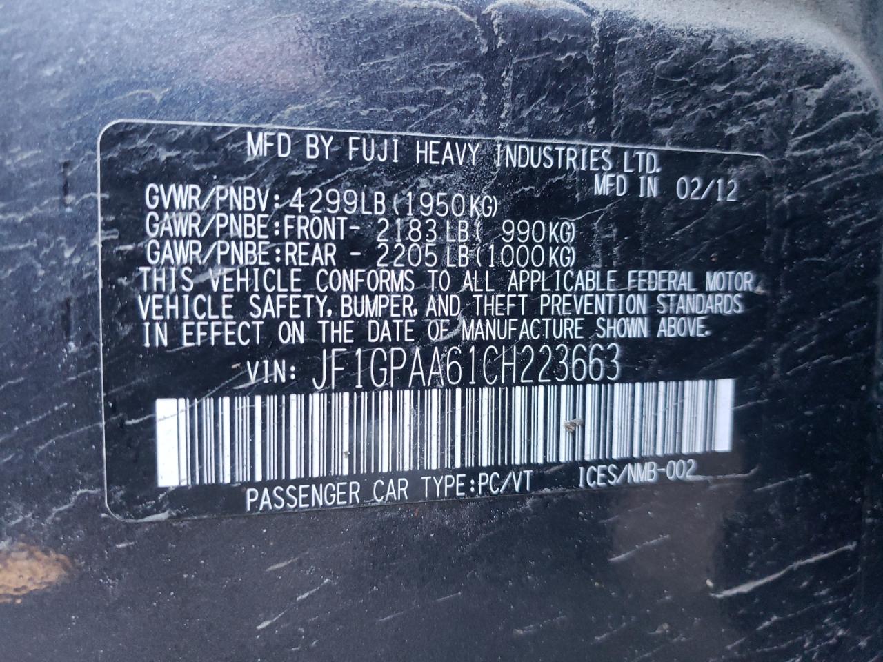 Photo 10 from auction – 2012 SUBARU IMPREZA with VIN JF1GPAA61CH223663
