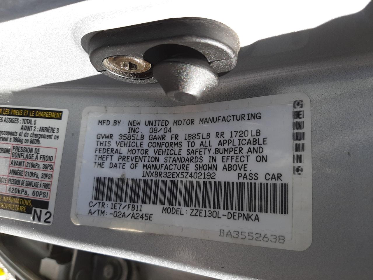 Photo 10 from auction – 2005 TOYOTA COROLLA CE with VIN 1NXBR32EX5Z402192