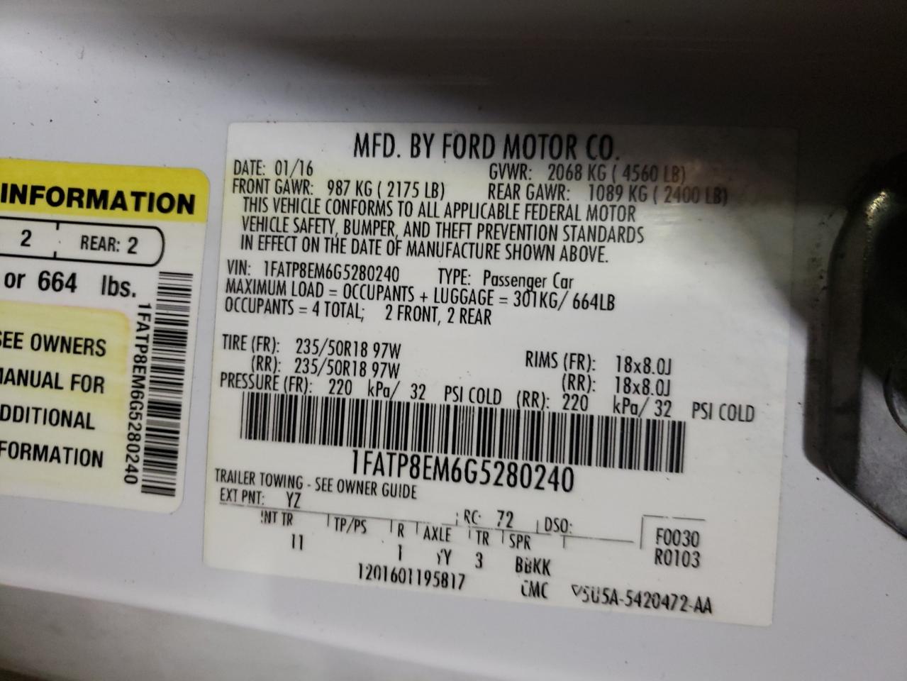 Photo 10 from auction – 2016 FORD MUSTANG with VIN 1FATP8EM6G5280240