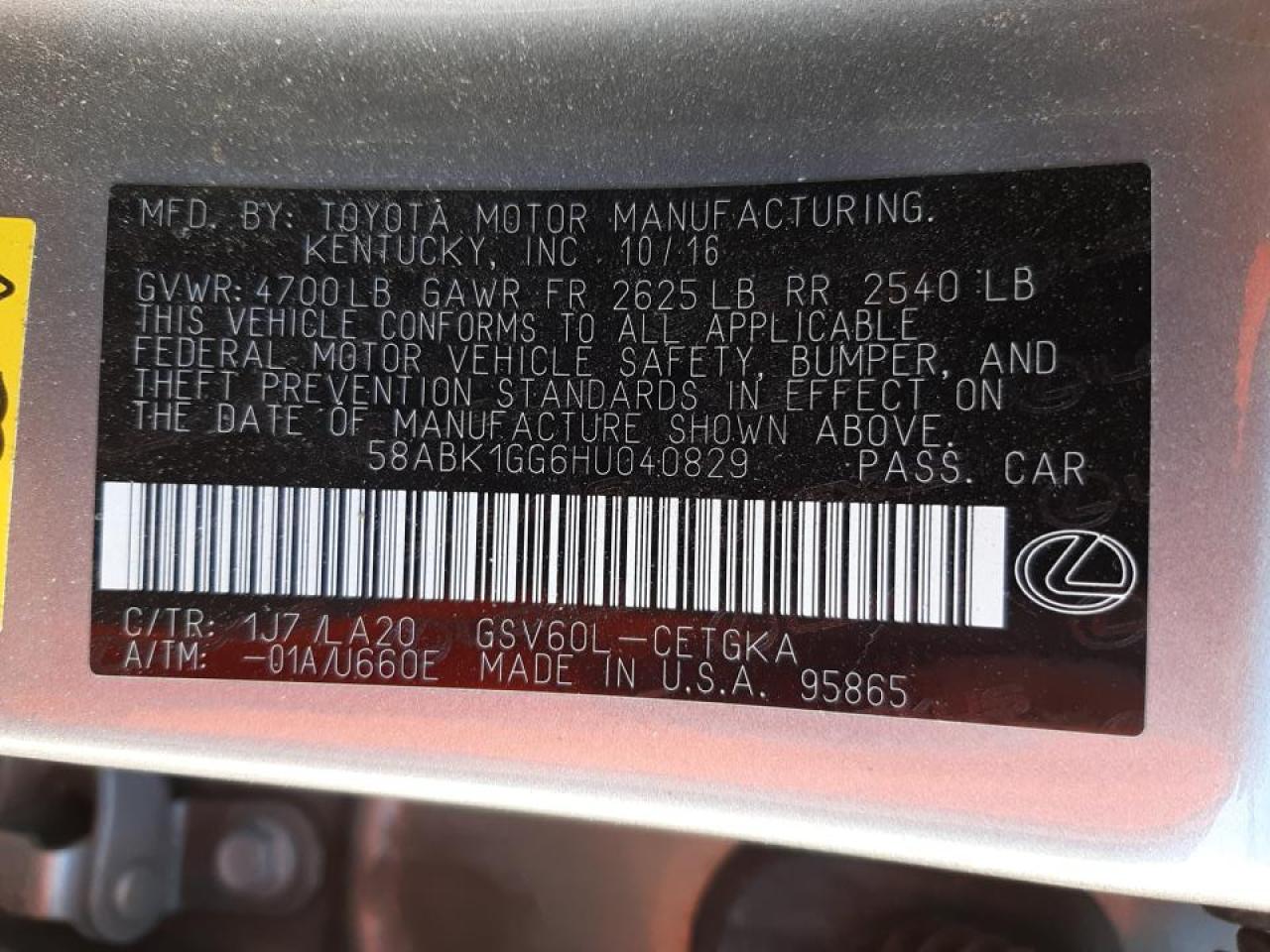 Photo 10 from auction – 2017 LEXUS ES 350 with VIN 58ABK1GG6HU040829