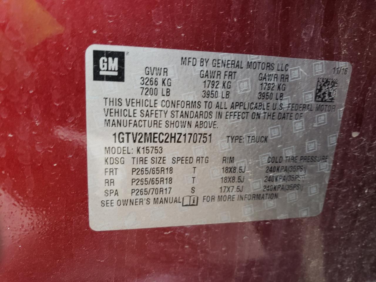 Photo 10 from auction – 2017 GMC SIERRA K15 with VIN 1GTV2MEC2HZ170751