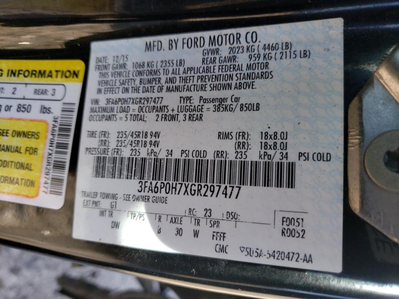 Photo 10 from auction – 2016 FORD FUSION SE with VIN 3FA6P0H7XGR297477