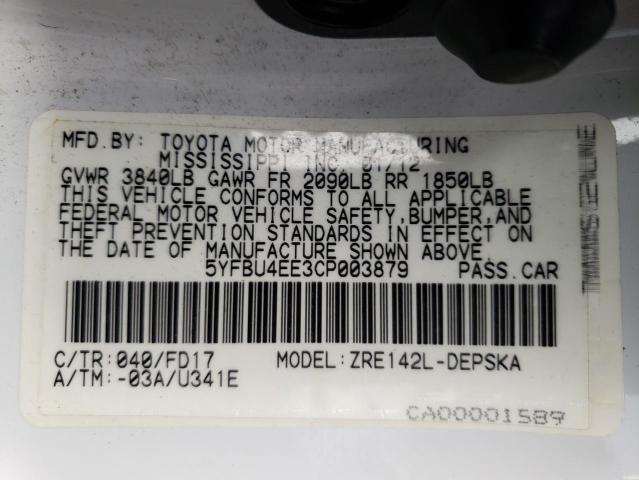 Photo 10 from auction – 2012 TOYOTA COROLLA BA with VIN 5YFBU4EE3CP003879