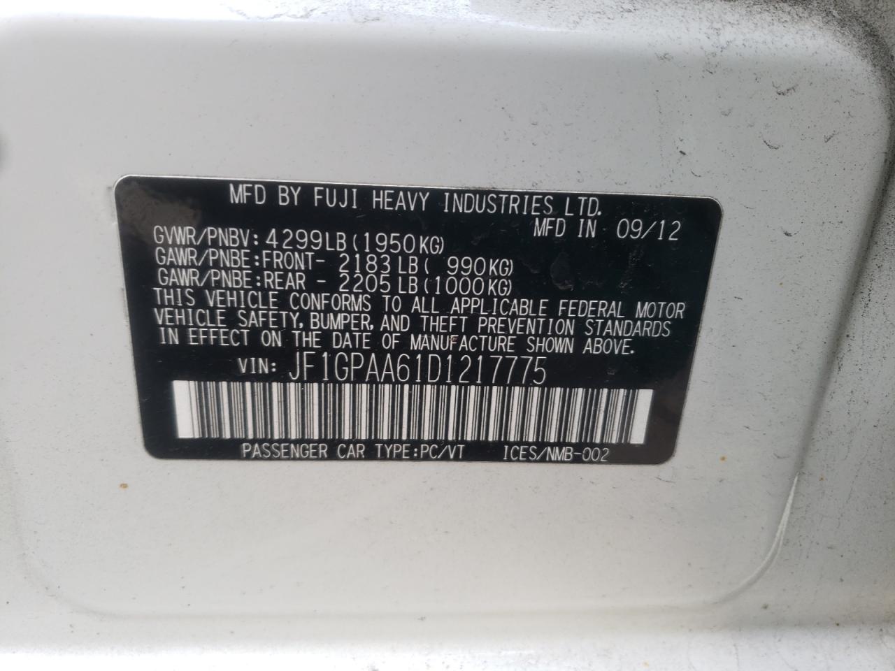 Photo 10 from auction – 2013 SUBARU IMPREZA with VIN JF1GPAA61D1217775