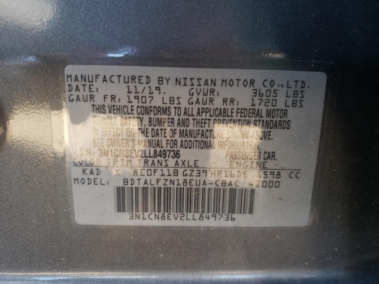 Photo 10 from auction – 2020 NISSAN VERSA SV with VIN 3N1CN8EV2LL849736